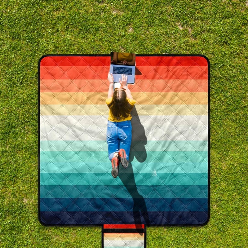 BEW Waterproof Picnic Blankets,79''x79'' Extra Large Foldable Sandproof Beach Blanket,Portable 3-Layer Polyester Outdoor Picnic Blanket for Grass Lawn,Beach,Family Camping,Park,Travel-Rainbow Stripe - Image 2